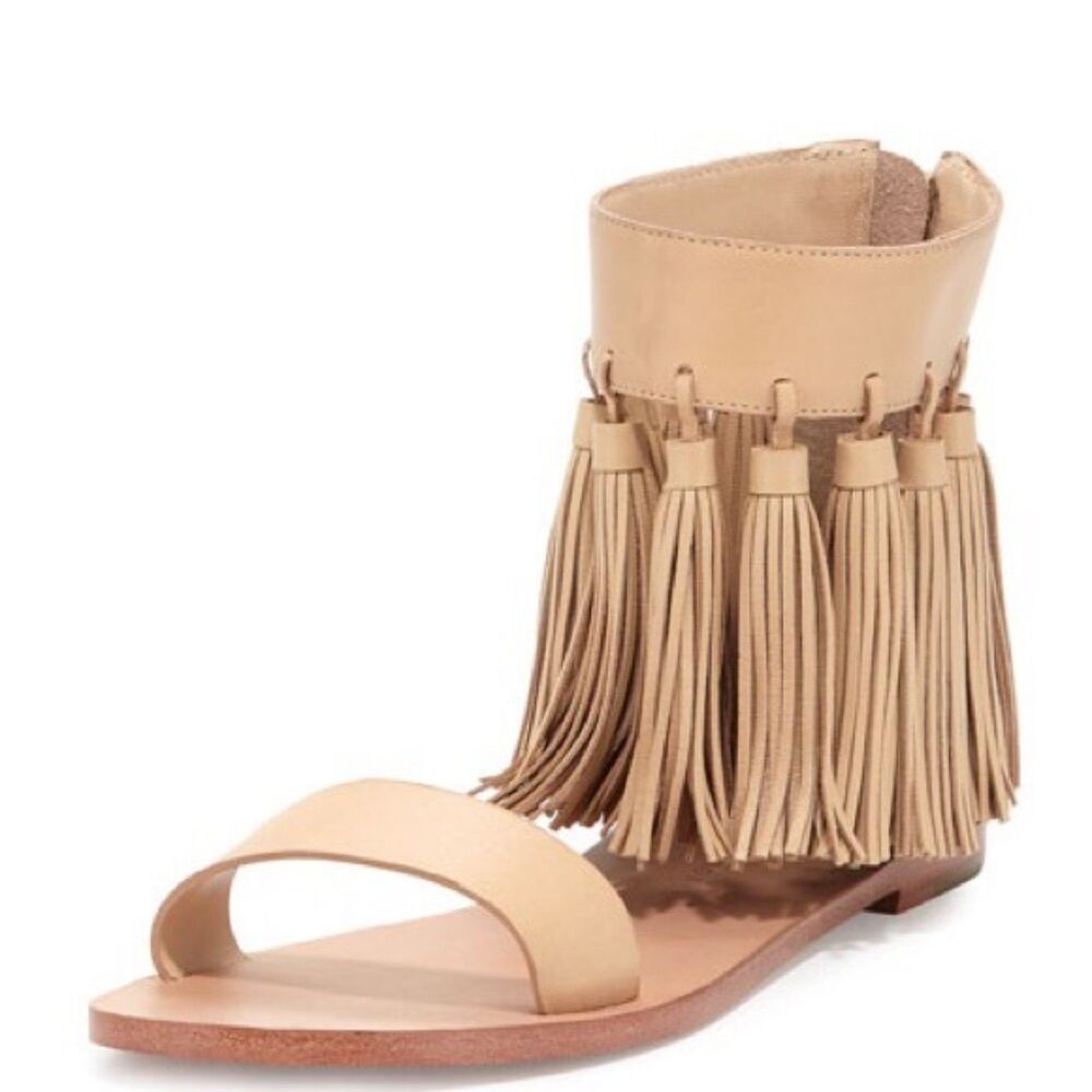 Loeffler Randall Women's Leather Fringe Tan Brown Sandals Shoes Size 5